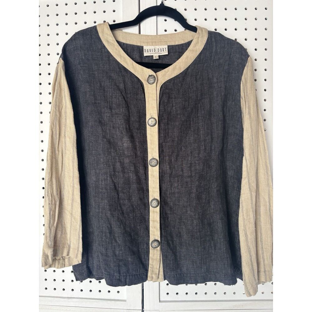 David Dart‎ Women's L Large 100% Linen Button Blazer Jacket Gray Beige